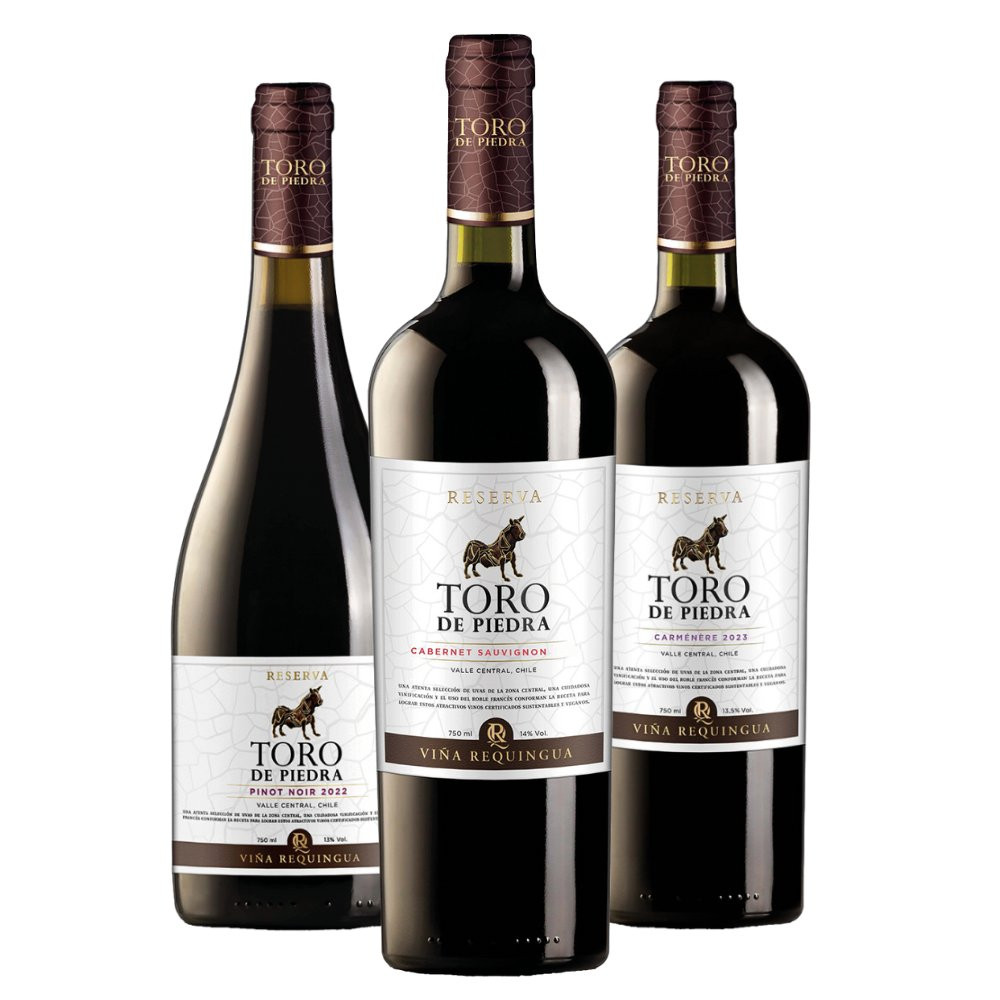 Kit 3 Tintos Toro de Piedra · Pinot Noir, Cabernet Sauvignon, Carménère